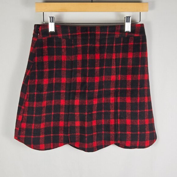NWT Impressions Plaid‎ Mini Skirt Red Black Scalloped Hem Wool Blend S - Picture 2 of 9